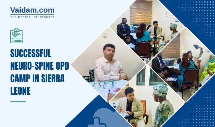 Campamento de consulta externa de neurocirugía de columna en Sierra Leona con un experto indio.